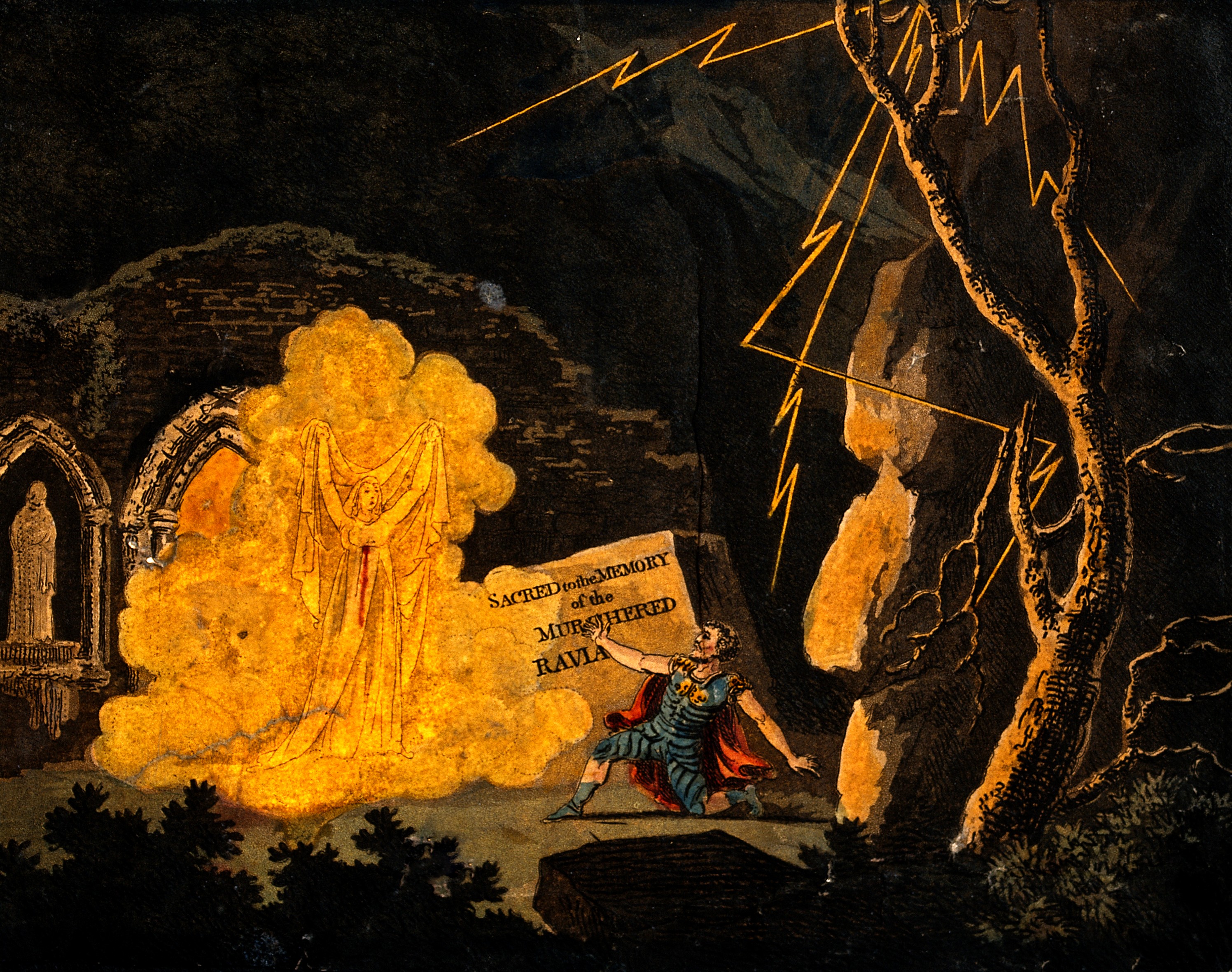 Aguatinta de 1850: aparicion fantasmal de una mujer vestida de blanco en una noche de tormenta entre ruinas goticas