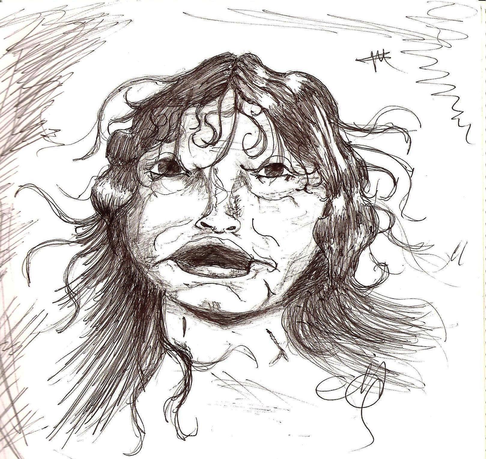 Dibujo artistico a tinta del rostro de La Llorona con expresion de angustia