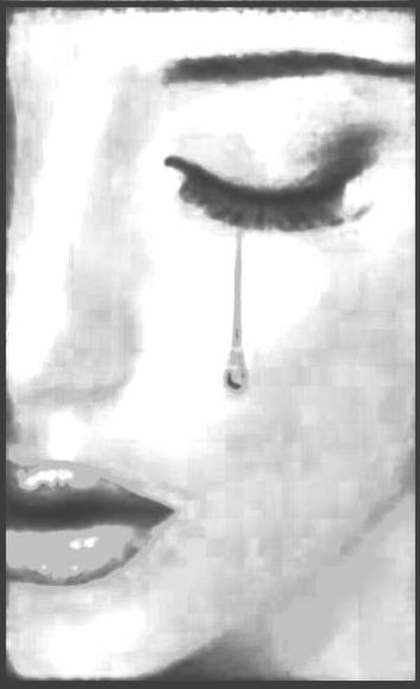 Ilustracion artistica en blanco y negro del rostro de una mujer con una lagrima, representando a La Llorona