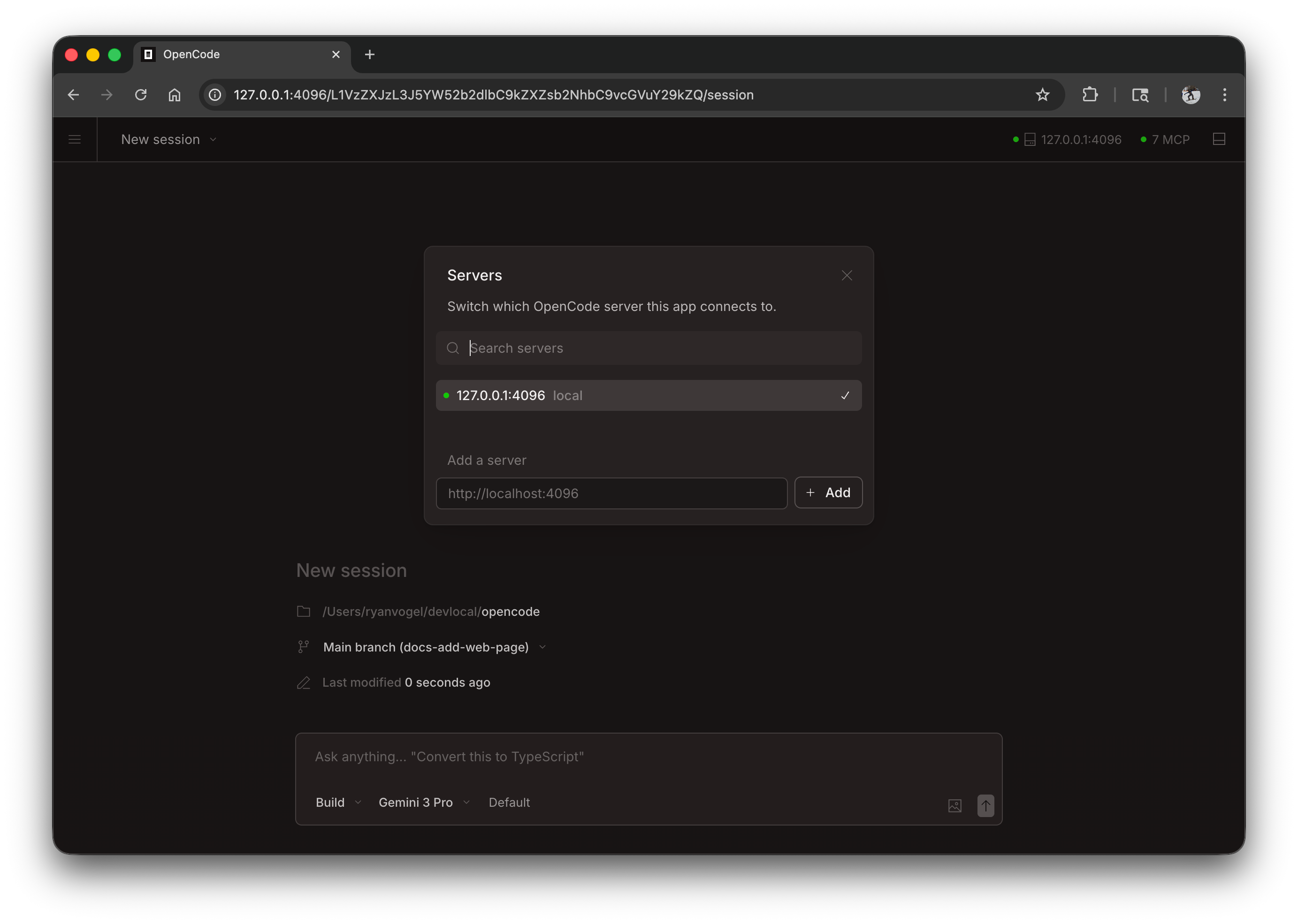 Vista de servidores MCP configurados en OpenCode