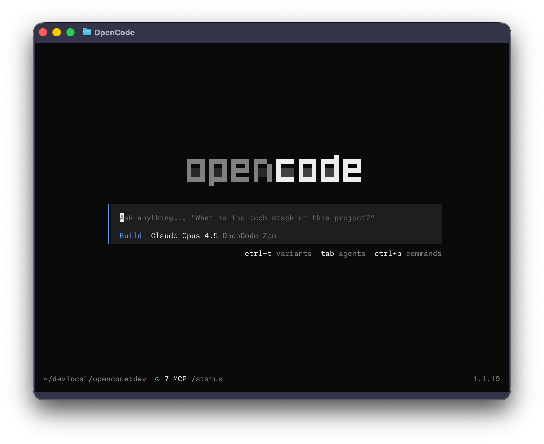 OpenCode welcome screen in the terminal