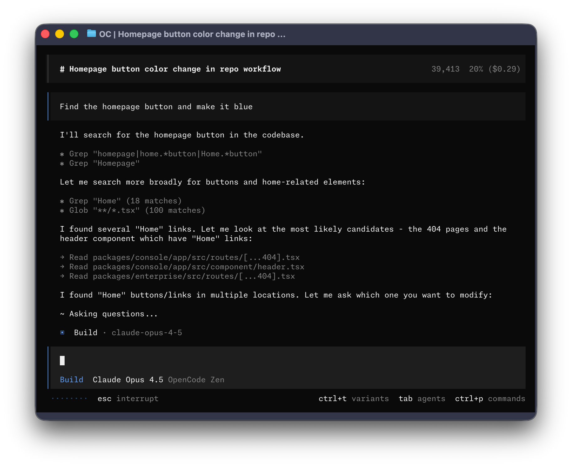 OpenCode terminal interface showing an active coding session