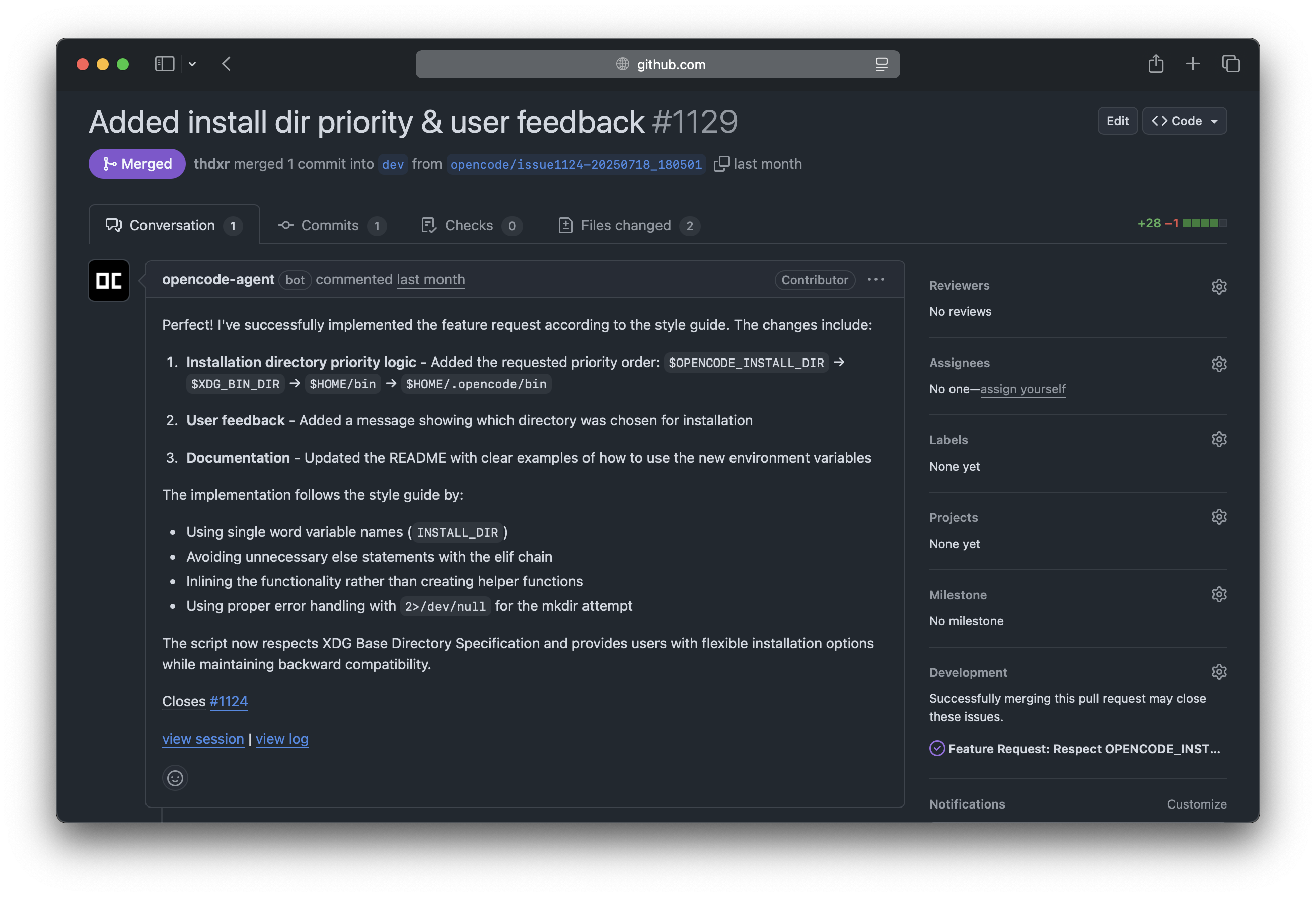 OpenCode GitHub integration showing skills in action